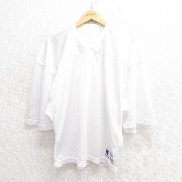 【20%OFF】L★古着 チャンピオン champion 半袖 ビンテージ フットボール Tシャツ メンズ 90年代 90s 無地 メッシュ地 Vネック USA製 白 ホワイト 【spe】 25jun20 中古