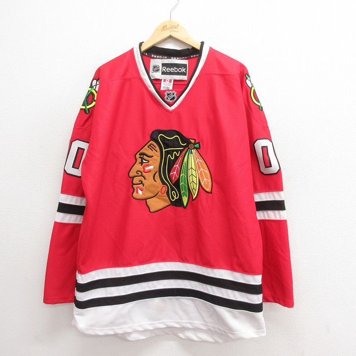 XL★古着 リーボック REEBOK 長袖 ビンテージ Tシャツ アイスホッケー ジャージ メンズ 00年代 00s NHL シカゴブラックホークス GRISWOLD 00 大きいサイズ メッシュ地 Vネック カナダ製 赤 レッド ユニフォーム ゲームシャツ 25jun20 中古