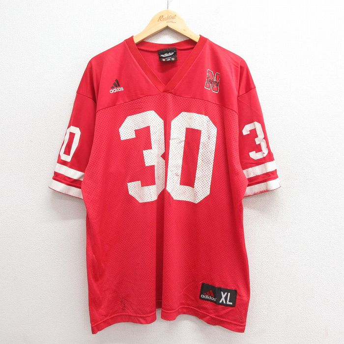 XL★古着 アディダス adidas 半袖 ビンテージ フットボール Tシャツ メンズ 90年代 90s ネブラスカハスカーズ 大きいサイズ メッシュ地 Vネック USA製 赤 レッド ユニフォーム ゲームシャツ 【spe】 25jun20 中古