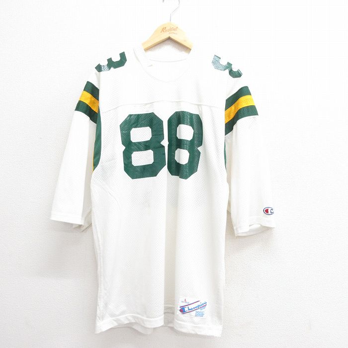 【50%OFF】XL★古着 チャンピオン champion 7分袖 ビンテージ フットボール Tシャツ メンズ 80年代 80s 88 メッシュ地 クルーネック USA製 白 ホワイト ユニフォーム ゲームシャツ 【spe】 25jun20 中古 7分丈 七分丈 七分袖