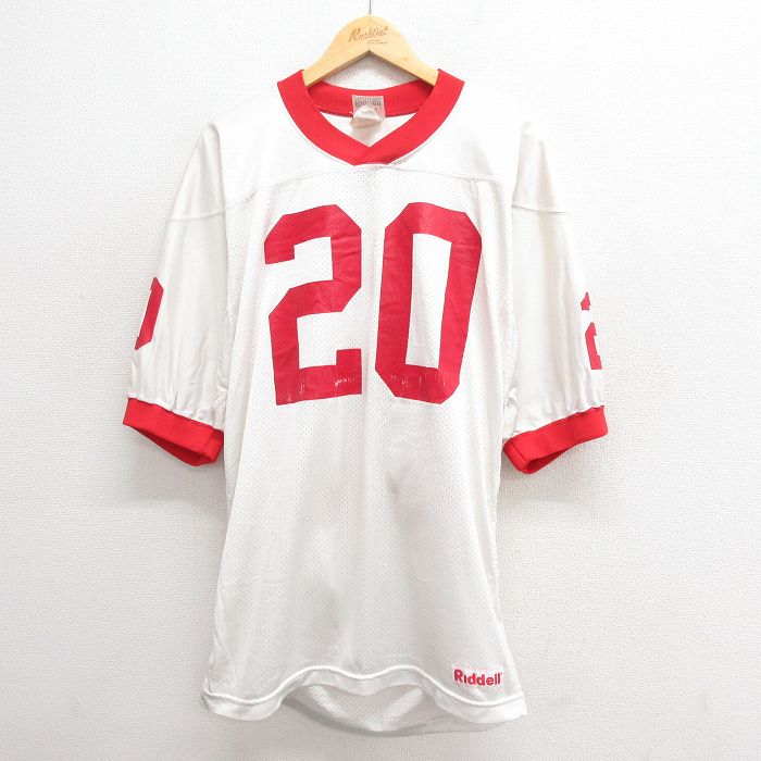 L★古着 半袖 ビンテージ フットボール Tシャツ メンズ 80年代 80s 20 ロング丈 メッシュ地 Vネック USA製 白 ホワイト 25jun20 中古