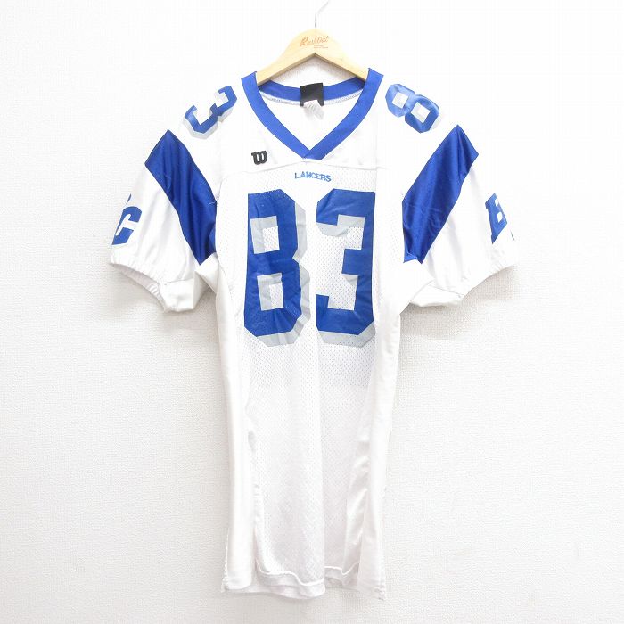 【20%OFF】L★古着 ウィルソン 半袖 ビンテージ フットボール Tシャツ メンズ 90年代 90s 83 ロング丈 メッシュ地 Vネック USA製 白 ホワイト ユニフォーム ゲームシャツ 25jun20 中古