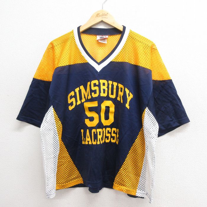 XL★古着 半袖 ビンテージ フットボール Tシャツ メンズ 90年代 90s 50 大きいサイズ メッシュ地 マルチカラー Vネック USA製 紺 ネイビー ユニフォーム ゲームシャツ 25jun20 中古