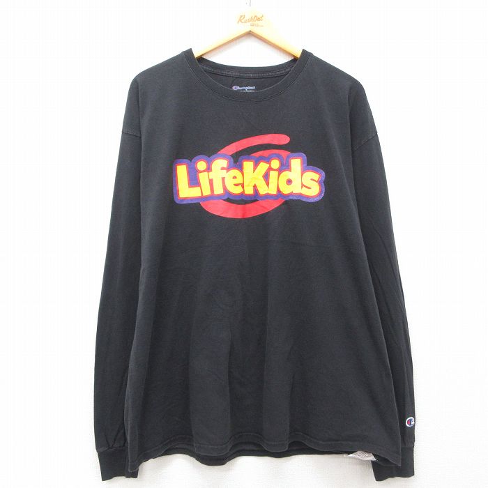 XL★古着 チャンピオン champion 長袖 Tシャツ メンズ Life Kids 大きいサイズ コットン クルーネック 黒 ブラック 25jun21 中古