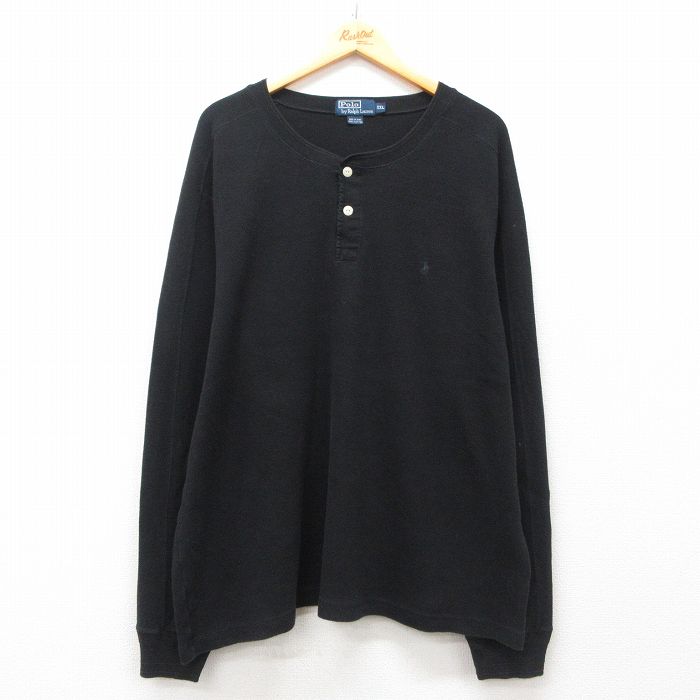 XL★古着 ラルフローレン Ralph Lauren 長袖 ブランド Tシャツ メンズ 90年代 90s ワンポイントロゴ 大きいサイズ コットン ヘンリーネック 黒 ブラック 25jun21 中古