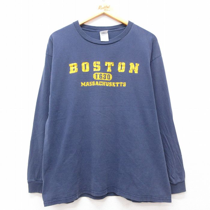 XL★古着 長袖 ビンテージ Tシャツ メンズ 00年代 00s ボストン コットン クルーネック 濃紺 ネイビー 25jun21 中古