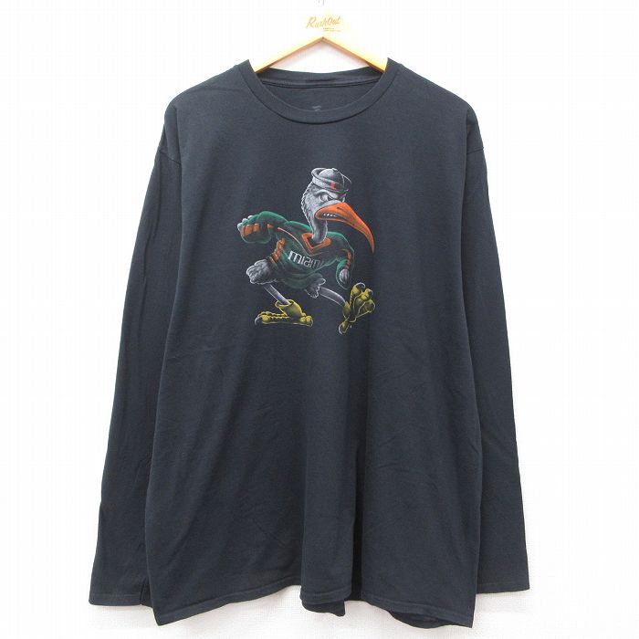 XL★古着 長袖 Tシャツ メンズ マイアミハリケーンズ 大きいサイズ コットン クルーネック 黒 ブラック 25jun21 中古