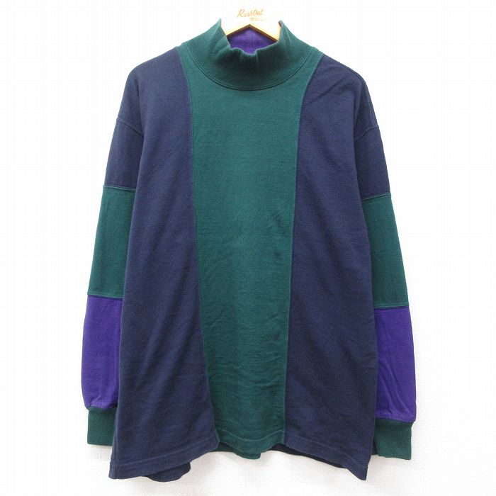 【20%OFF】XL★古着 長袖 ビンテージ Tシャツ メンズ 90年代 90s 無地 マルチカラー コットン モックネック ハイネック USA製 濃紺他 ネイビー 【spe】 25jun21 中古