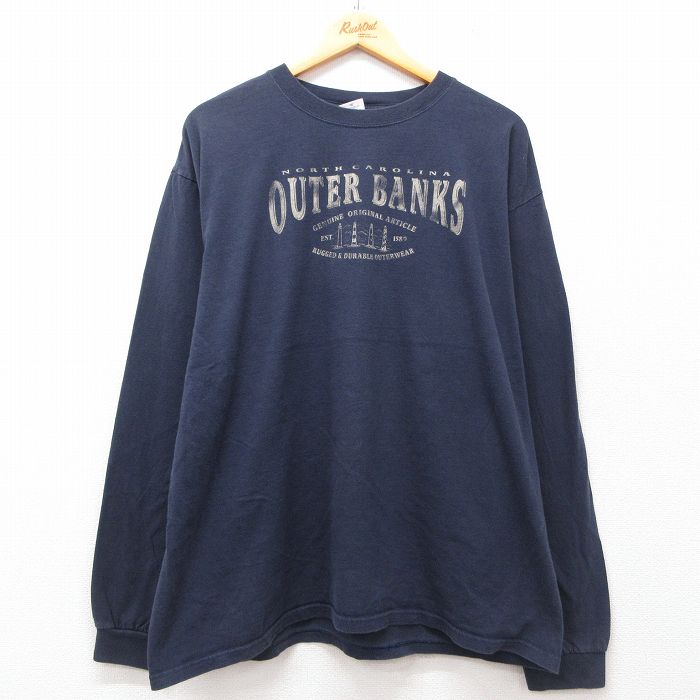 XL★古着 長袖 ビンテージ Tシャツ メンズ 00年代 00s OUTER BANKS 灯台 大きいサイズ コットン クルーネック 濃紺 ネイビー 25jun21 中古