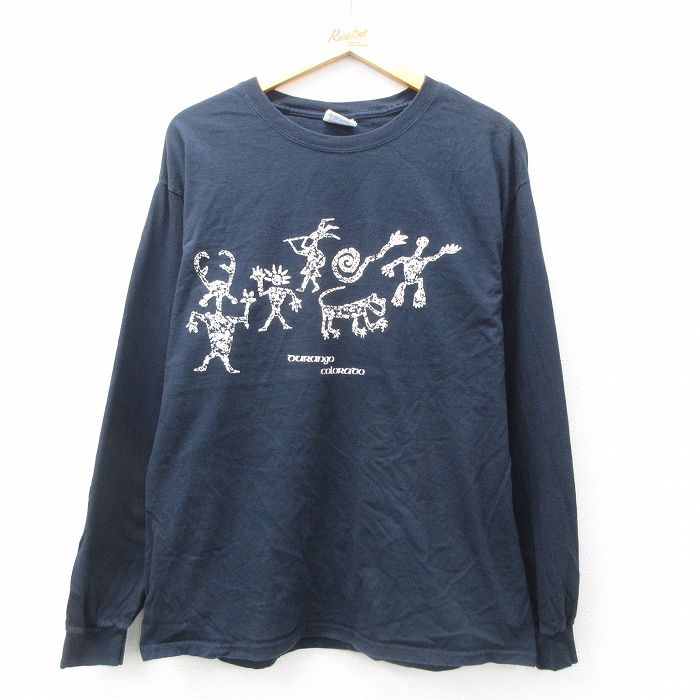 【20%OFF】L★古着 ヘインズ Hanes 長袖 ビンテージ Tシャツ メンズ 00年代 00s コロラド コットン クルーネック 濃紺 ネイビー 25jun23 中古