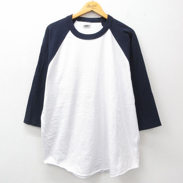 XL★古着 7分袖 Tシャツ メンズ 無地 ツートンカラー ラグラン コットン クルーネック 白他 ホワイト 25jun23 中古 7分丈 七分丈 七分袖