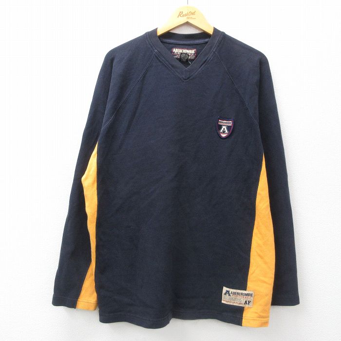 【50%OFF】XL★古着 アバクロンビー Abercrombie&fitch 長袖 Tシャツ メンズ ワンポイントロゴ ラグラン 大きいサイズ コットン Vネック 黒他 ブラック 25jun23 中古