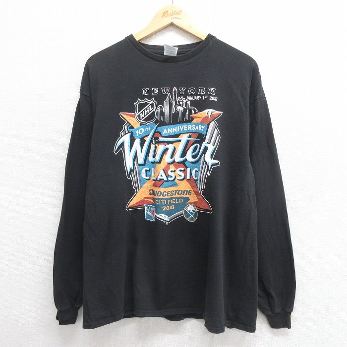 XL★古着 長袖 Tシャツ メンズ NHL ニューヨークレンジャーズ コットン クルーネック 黒 ブラック アイスホッケー 25jun24 中古