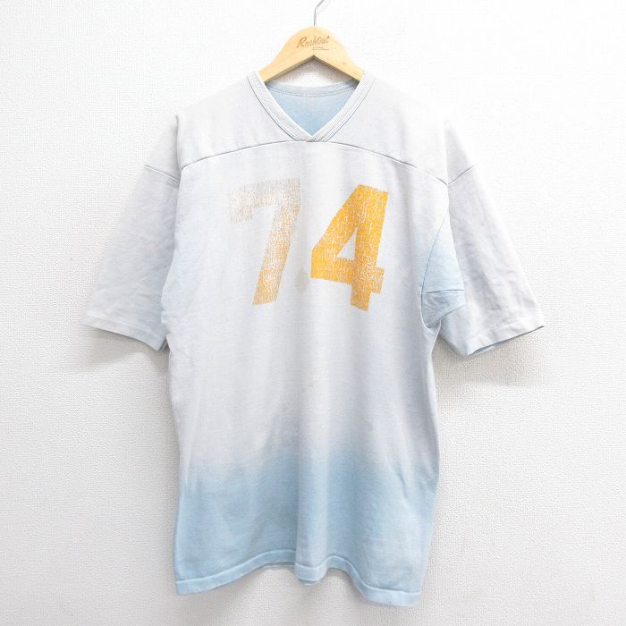 XL★古着 ラッセル 半袖 ビンテージ フットボール Tシャツ メンズ 70年代 70s 74 USA製 水色 【spe】 25jun24 中古
