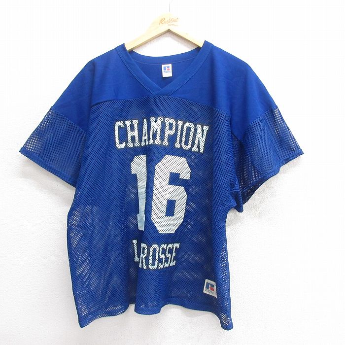 XL★古着 ラッセル 半袖 フットボール Tシャツ メンズ 00年代 00s ラクロス 大きいサイズ メッシュ地 Vネック 青 ブルー ユニフォーム ゲームシャツ 25jun24 中古