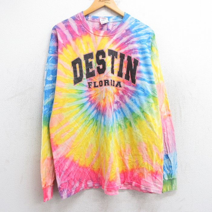 【20%OFF】XL★古着 長袖 ビンテージ Tシャツ メンズ 00年代 00s デスティン フロリダ コットン クルーネック ピンク他 タイダイ 25jun25 中古