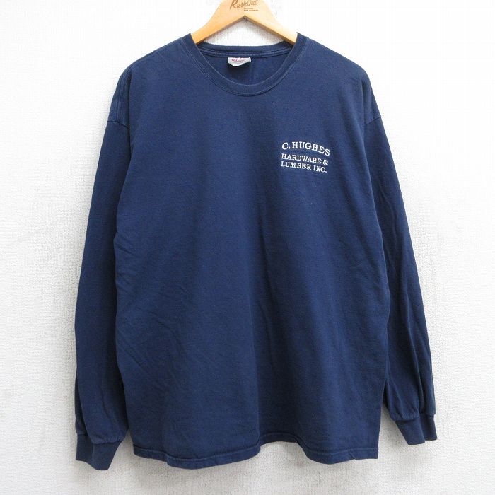 【20%OFF】XL★古着 ヘインズ Hanes 長袖 ビンテージ Tシャツ メンズ 00年代 00s ハードウェア LUMBER コットン クルーネック 紺 ネイビー 25jun25 中古