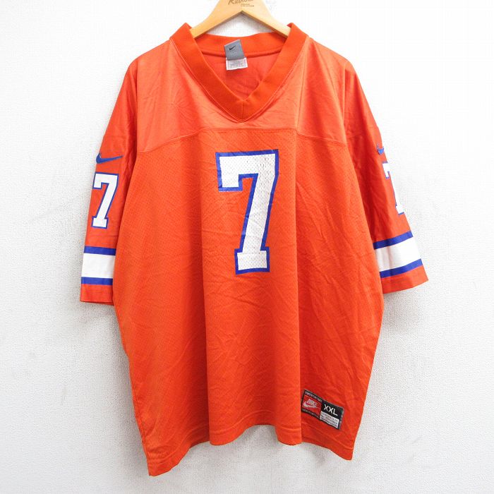 XL★古着 ナイキ NIKE 半袖 ビンテージ フットボール Tシャツ メンズ 90年代 90s ELWAY 7 メッシュ地 大きいサイズ Vネック オレンジ ゲームシャツ ユニフォーム 【spe】 25jun25 中古