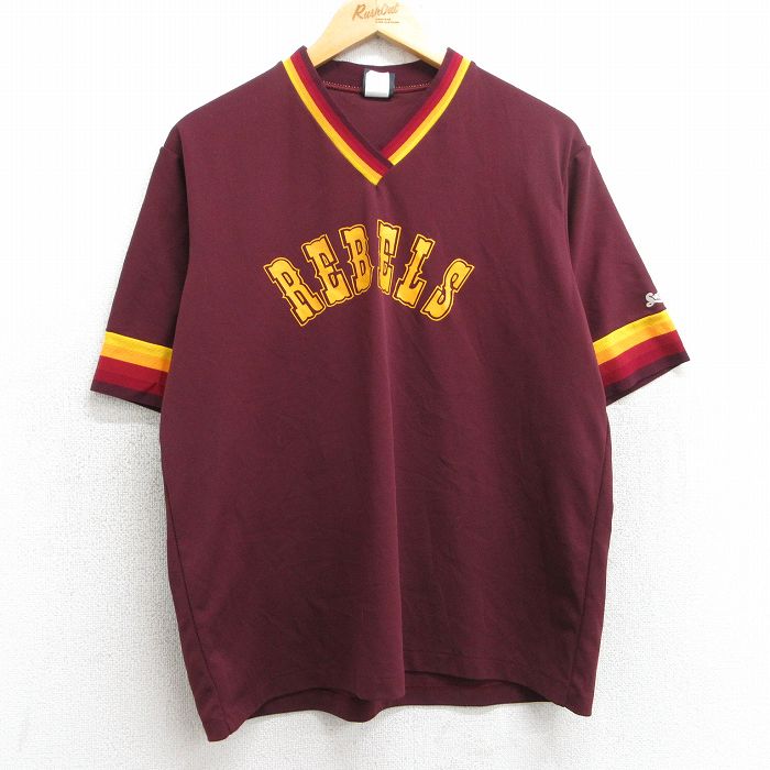 L★古着 スイングスター 半袖 ビンテージ Tシャツ メンズ 80年代 80s REBELS ROITZ WELDING 20 Vネック USA製 えんじ 25jun25 中古