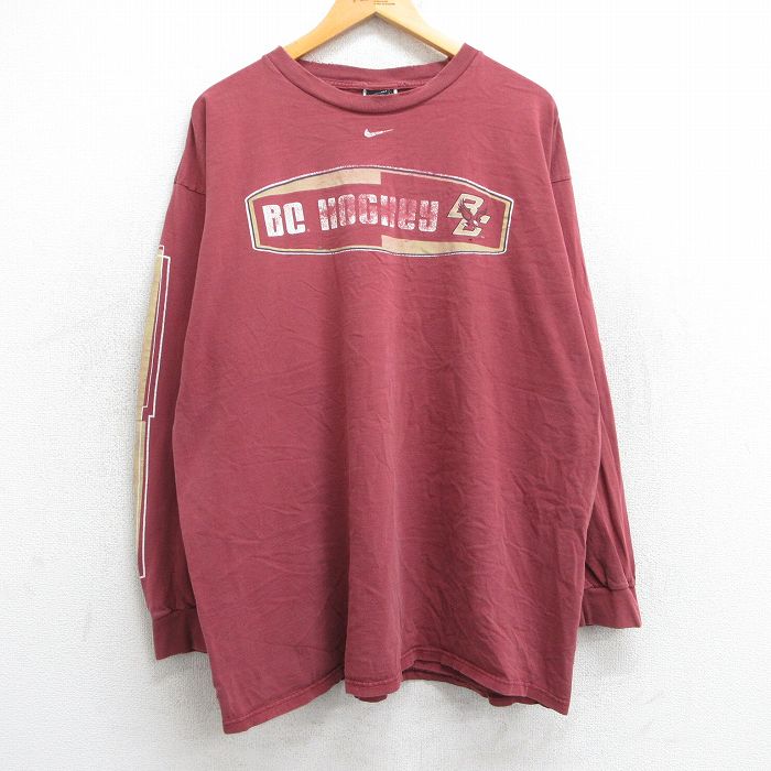 XL★古着 ナイキ NIKE 長袖 ビンテージ Tシャツ メンズ 00年代 00s BCホッケー 大きいサイズ コットン クルーネック えんじ系 25jun25 中古