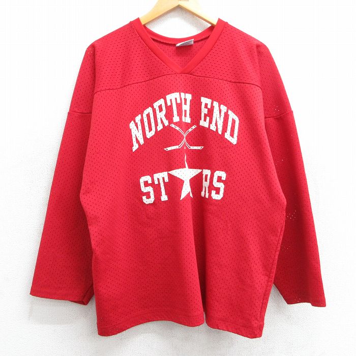 XL★古着 長袖 ビンテージ Tシャツ アイスホッケー ジャージ メンズ 90年代 90s NORTH END 33 メッシュ地 大きいサイズ Vネック USA製 赤 レッド ゲームシャツ ユニフォーム 25jun25 中古