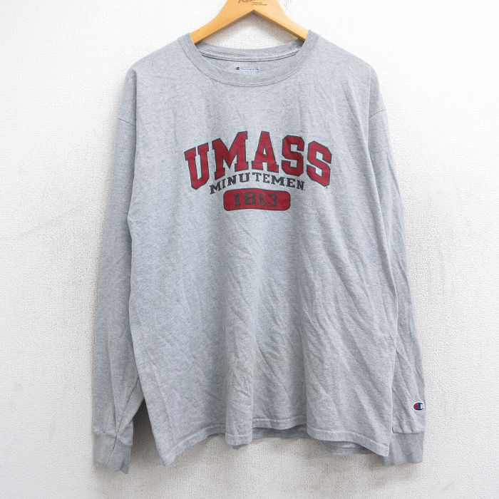 XL★古着 チャンピオン Champion 長袖 Tシャツ メンズ UMASS ミニットマン クルーネック グレー 霜降り 25jun25 中古
