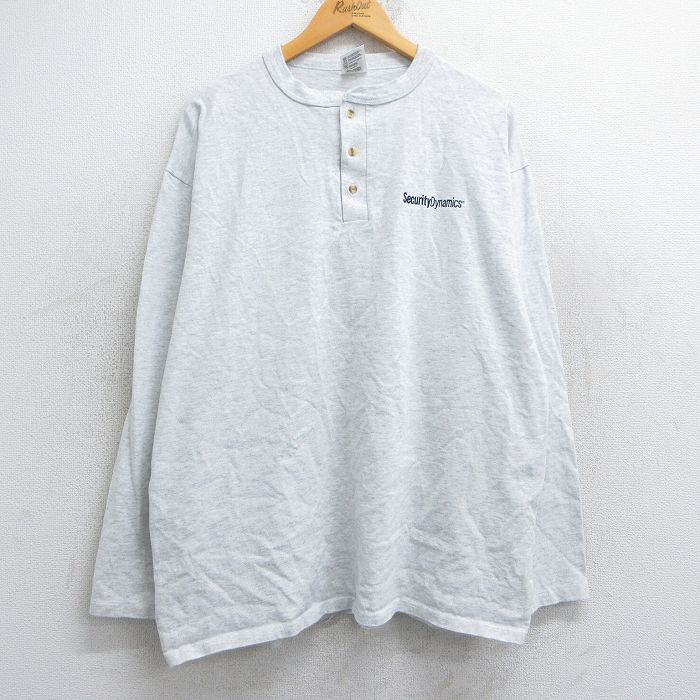 XL★古着 長袖 ビンテージ Tシャツ メンズ 90年代 90s セキュリティ Dynamics 大きいサイズ ヘンリーネック USA製 薄グレー 霜降り 25jun25 中古