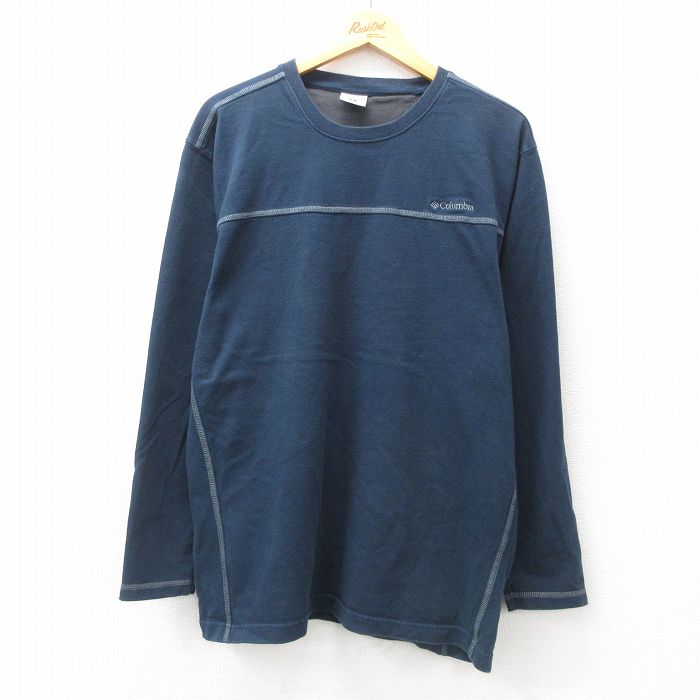 XL★古着 コロンビア COLUMBIA 長袖 ビンテージ Tシャツ メンズ 00年代 00s ワンポイントロゴ 大きいサイズ コットン クルーネック 紺 ネイビー 【spe】 25jun25 中古