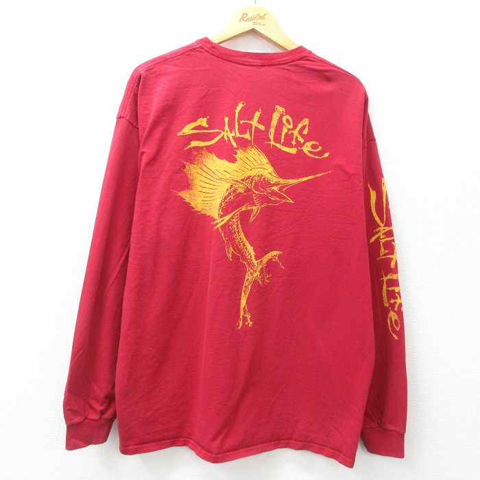 XL★古着 長袖 Tシャツ メンズ 魚 SALT LIFE 大きいサイズ コットン クルーネック 赤 レッド 25jun25 中古