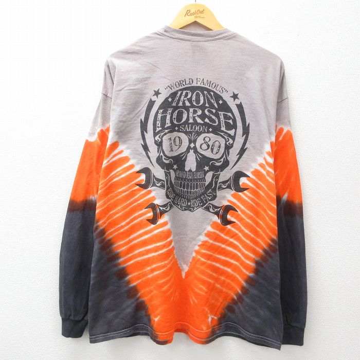 XL★古着 長袖 ビンテージ Tシャツ メンズ 00年代 00s スカル アイアンホース 大きいサイズ コットン クルーネック オレンジ他 タイダイ 25jun25 中古