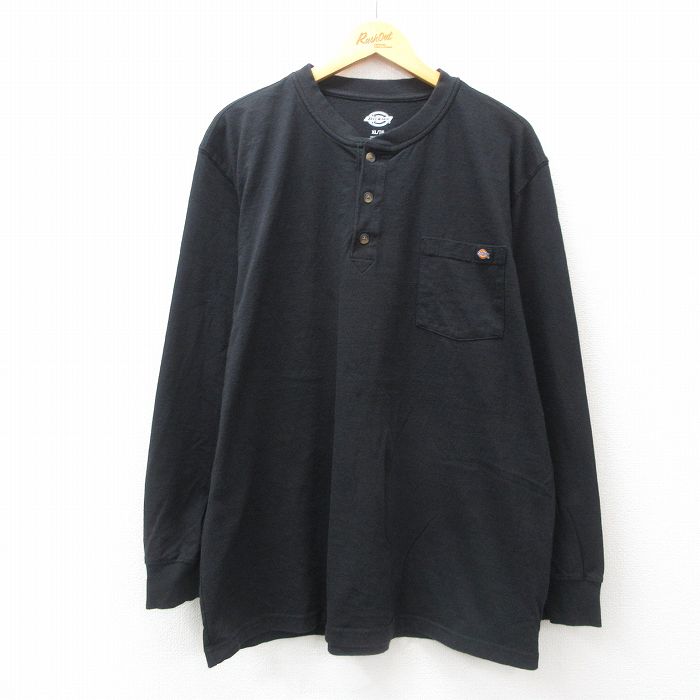 XL★古着 ディッキーズ Dickies 長袖 Tシャツ メンズ ワンポイントロゴ 胸ポケット付き 大きいサイズ コットン ヘンリーネック 黒 ブラック 25jun25 中古