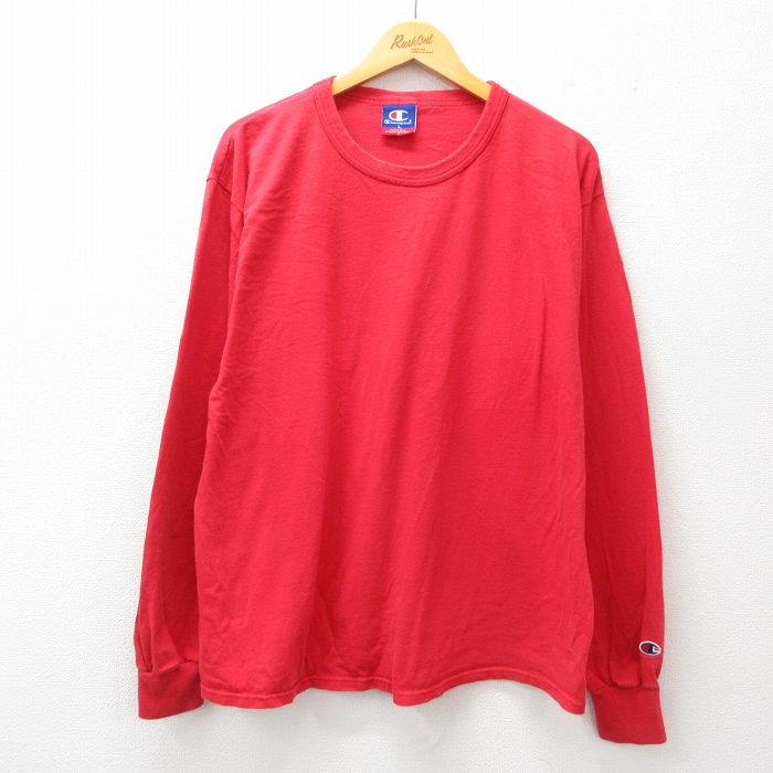 【20%OFF】XL★古着 チャンピオン champion 長袖 Tシャツ メンズ 無地 大きいサイズ コットン クルーネック 赤 レッド 25jun25 中古