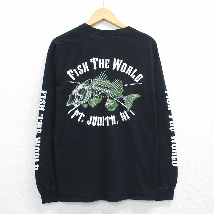 XL★古着 長袖 Tシャツ メンズ FTW 魚 大きいサイズ クルーネック 黒 ブラック 25jun26 中古