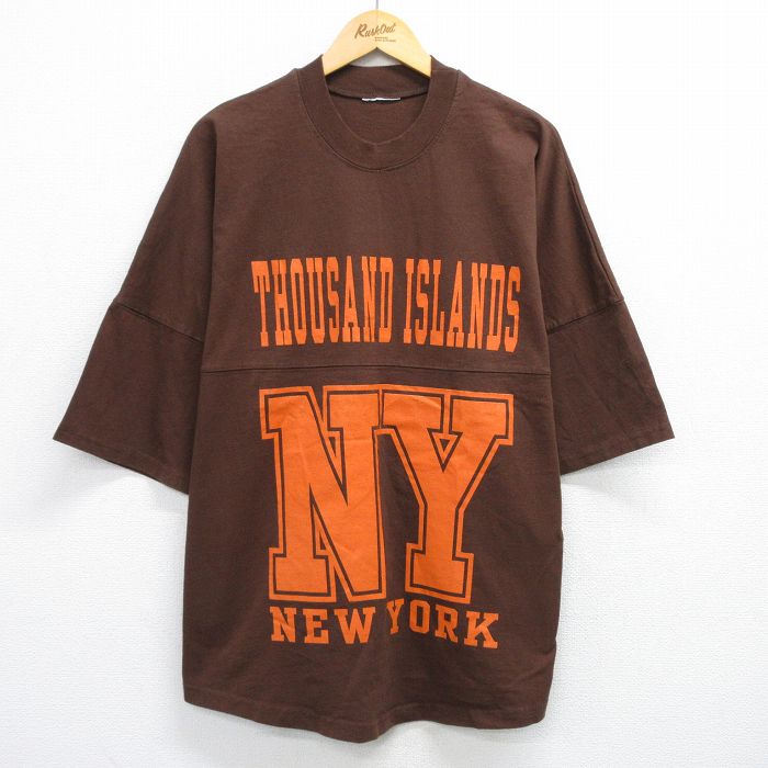 XL★古着 半袖 フットボール Tシャツ メンズ ニューヨーク 大きいサイズ クルーネック 茶 ブラウン 25jun26 中古