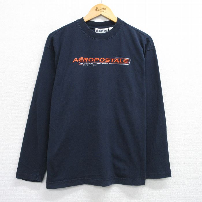 L★古着 エアロポステール AEROPOSTALE 長袖 ビンテージ Tシャツ メンズ 90年代 90s ビッグロゴ 刺繍 黒 ブラック 25jun26 中古