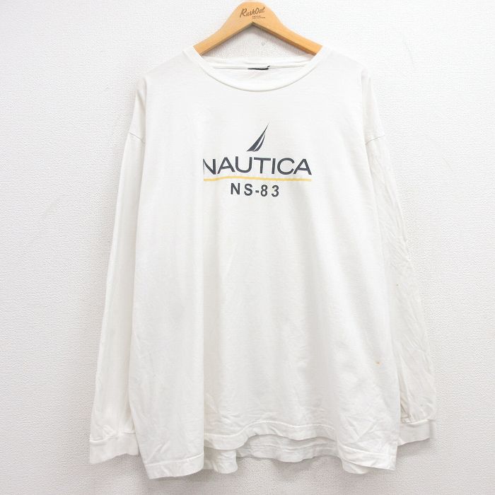 XL★古着 ノーティカ NAUTICA 長袖 ブランド Tシャツ メンズ ビッグロゴ 大きいサイズ クルーネック 白 ホワイト 25jun27 中古