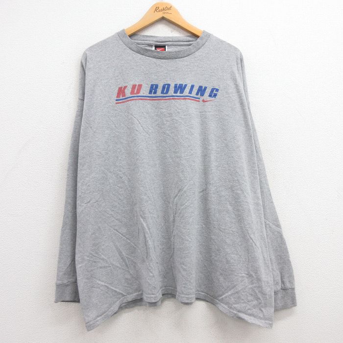 XL★古着 ナイキ NIKE 長袖 ビンテージ Tシャツ メンズ 00年代 00s KU ROWING 大きいサイズ コットン クルーネック グレー 霜降り 25jun27 中古
