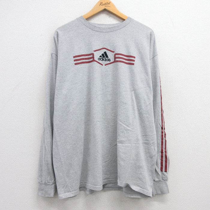 XL★古着 アディダス adidas 長袖 Tシャツ メンズ ワンポイントロゴ 大きいサイズ クルーネック グレー 霜降り 3本ライン 25jun27 中古