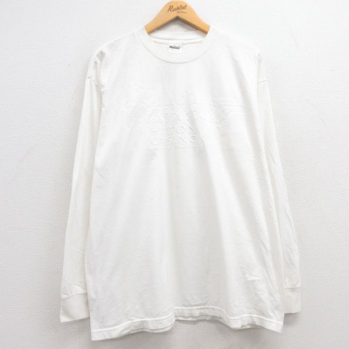 XL★古着 長袖 ビンテージ Tシャツ メンズ 90年代 90s ヒルトン カジノ コットン クルーネック USA製 白 ホワイト 25jun27 中古