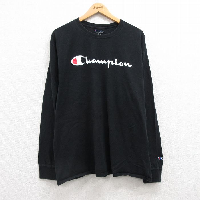 XL★古着 チャンピオン Champion 長袖 Tシャツ メンズ ビッグロゴ コットン クルーネック 黒 ブラック 25jun27 中古