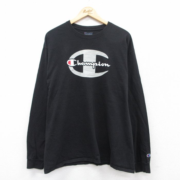XL★古着 チャンピオン Champion 長袖 Tシャツ メンズ ビッグロゴ クルーネック 黒 ブラック 25jun27 中古