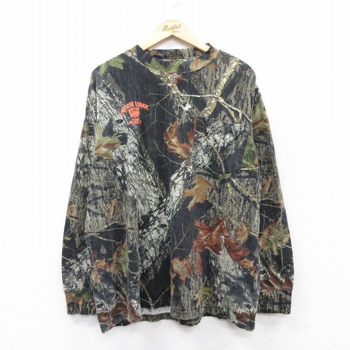 【50%OFF】XL★古着 ラッセル 長袖 Tシャツ メンズ MOOSE CLUB モッシーオーク 胸ポケット付き 大きいサイズ コットン クルーネック 茶他 ブラウン 迷彩 25jun27 中古