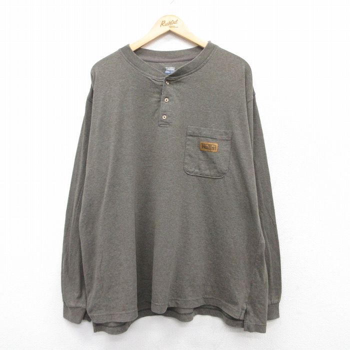 XL★古着 ウォールズ 長袖 Tシャツ メンズ 胸ポケット付き 大きいサイズ ヘンリーネック 茶 ブラウン 霜降り 25jun27 中古