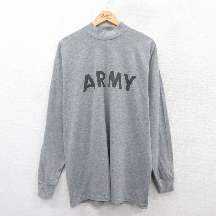 XL★古着 長袖 Tシャツ メンズ ミリタリー アーミー ARMY リフレクター 大きいサイズ ロング丈 モックネック ハイネック グレー 霜降り 25jun27 中古