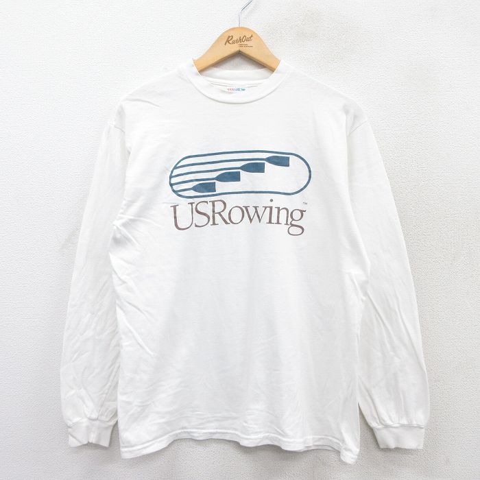 M★古着 ヘインズ Hanes 長袖 ビンテージ Tシャツ メンズ 00年代 00s USRowing コットン クルーネック USA製 白 ホワイト 25jun27 中古