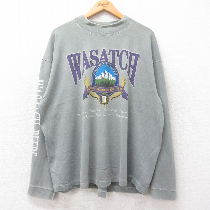 XL★古着 長袖 ビンテージ Tシャツ メンズ 90年代 90s WASATCH ビール 大きいサイズ コットン クルーネック USA製 緑 グリーン 25jun27 中古