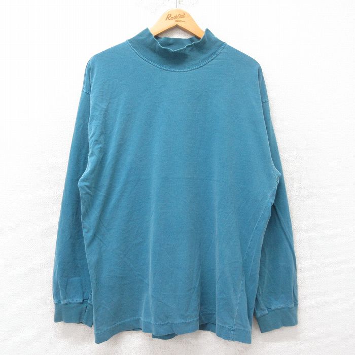 【20%OFF】XL★古着 長袖 ビンテージ Tシャツ メンズ 90年代 90s 無地 コットン モックネック ハイネック USA製 青緑系 25jun27 中古