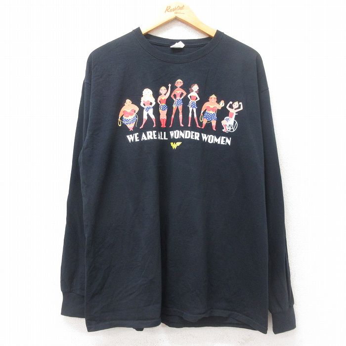 XL★古着 フルーツオブザルーム 長袖 Tシャツ メンズ WONDER WOMAN コットン クルーネック 黒 ブラック 25jun27 中古