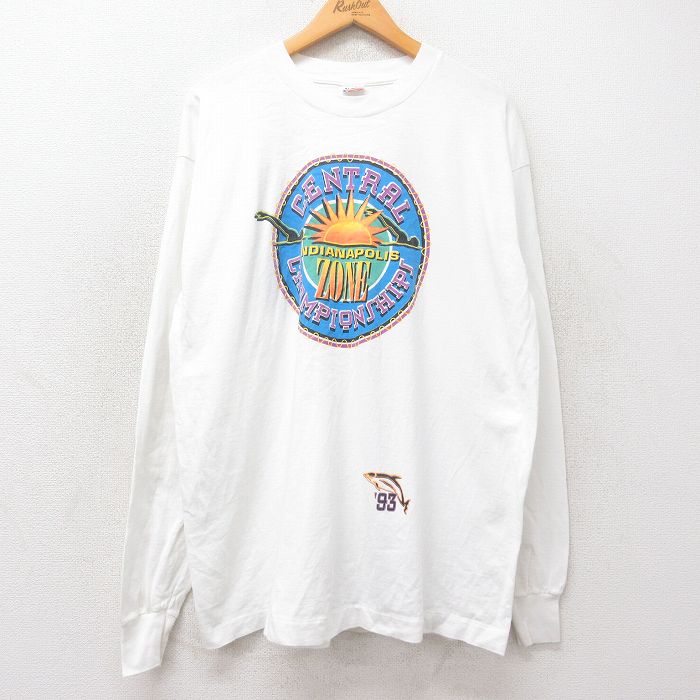 【50%OFF】XL★古着 フルーツオブザルーム 長袖 ビンテージ Tシャツ メンズ 90年代 90s INDIANAPOLIS ZONE コットン クルーネック USA製 白 ホワイト 【spe】 25jun27 中古