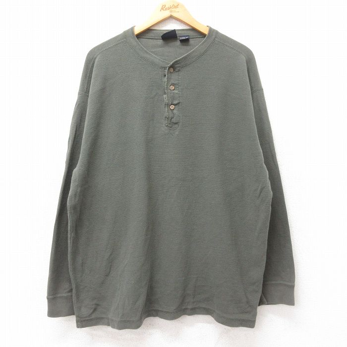 XL★古着 ルート66 長袖 ビンテージ Tシャツ メンズ 00年代 00s 無地 鹿の子 大きいサイズ コットン ヘンリーネック 濃緑 グリーン 25jun27 中古